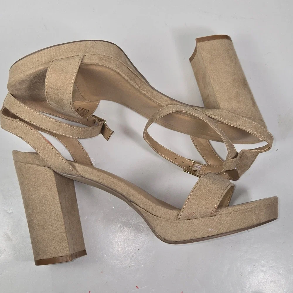 Loft Platform Block Heel Sandals Womens 8.5 Tan Excellent Suede-Like Ankle Strap